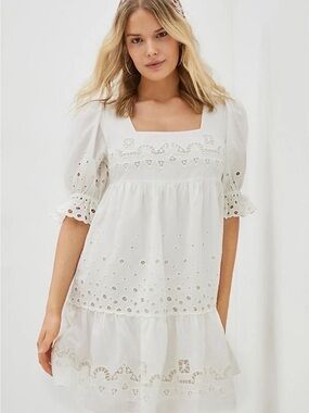 Anthropologie White Eyelet Square-Neck Mini Dress Women’s L NWT